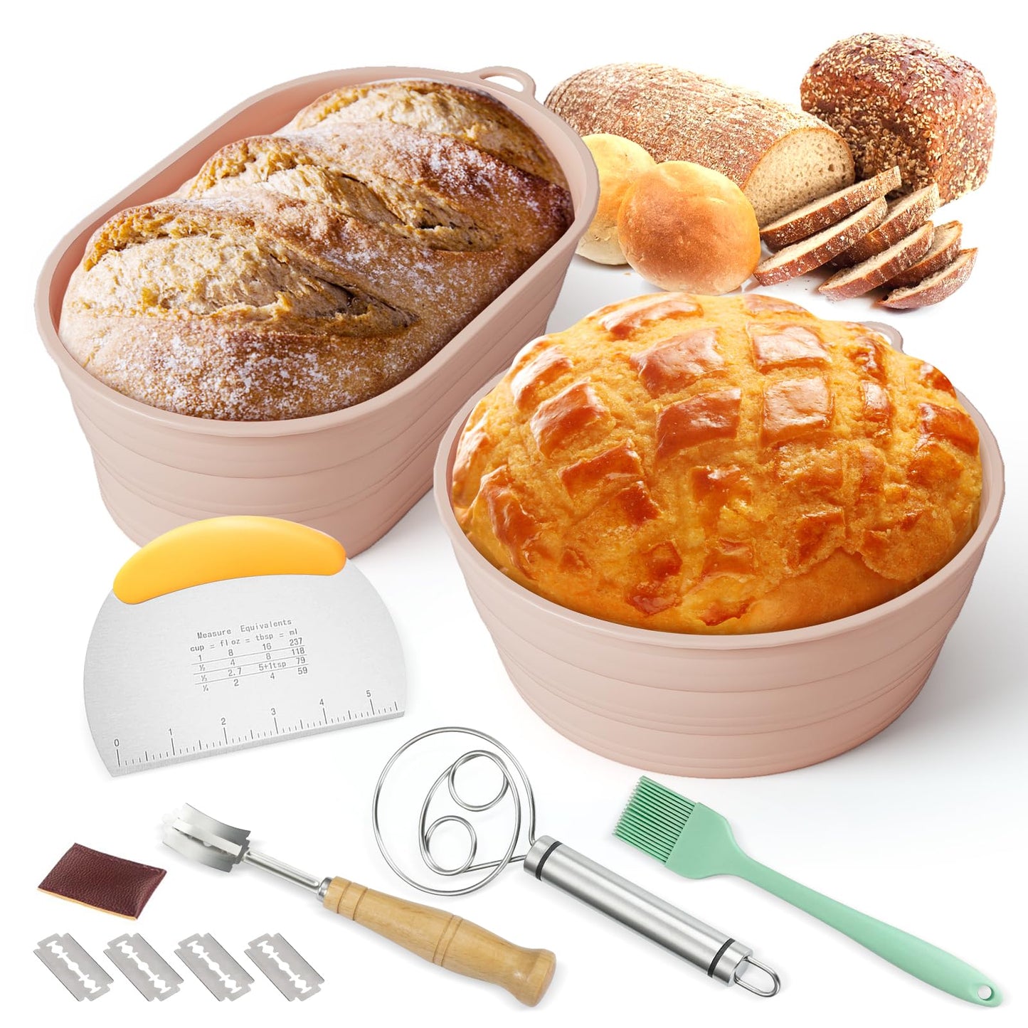 Ensemble de bannetons en silicone pour lever le pain | Rond de 23 cm et ovale de 25 cm | Kit complet de fabrication de pain au levain