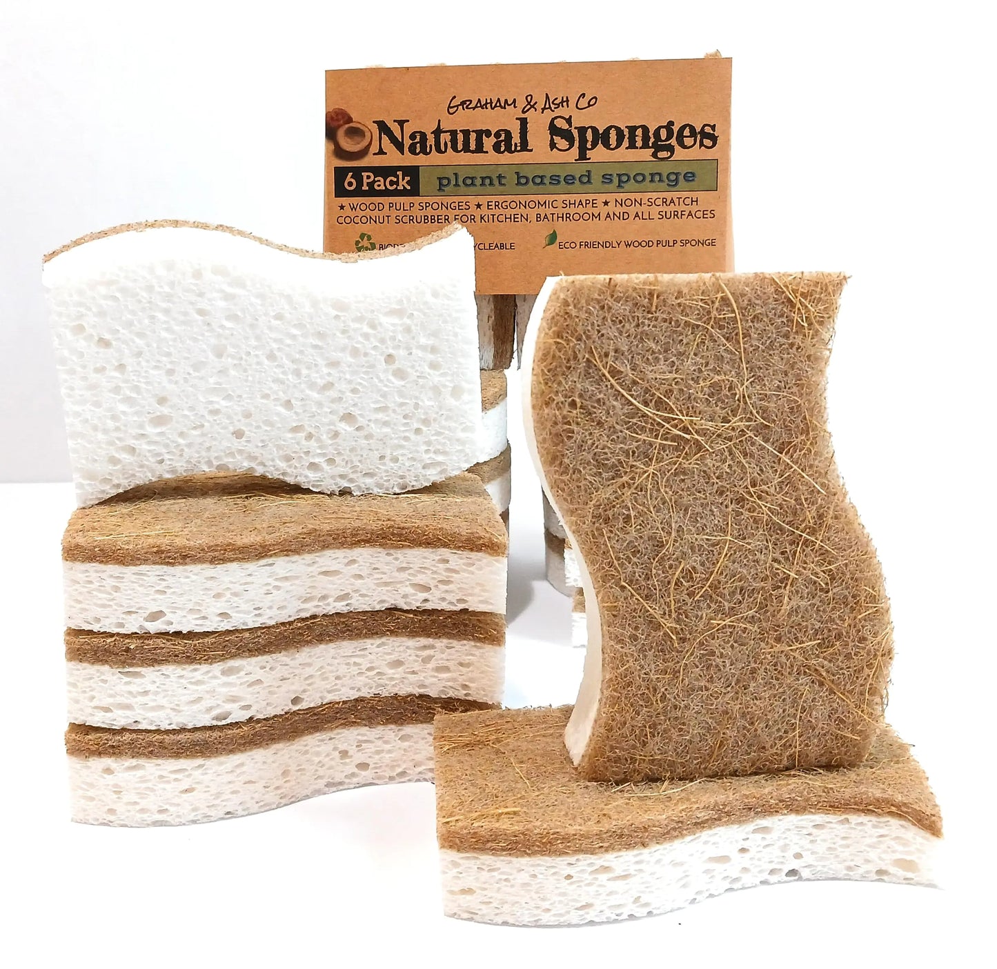 Graham & Ash Co 6 Pack Biodegradable Sponges - Sponges Kitchen Natural Sponges for Dishes Natural Sponge Dish Sponge - Eco Friendly Sponges Natural Kitchen Sponge (6)