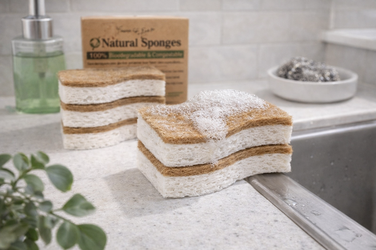 Éponges biodégradables Graham & Ash Co (lot de 6) - Éponges de cuisine naturelles pour vaisselle - Éponges écologiques naturelles pour la cuisine (6)