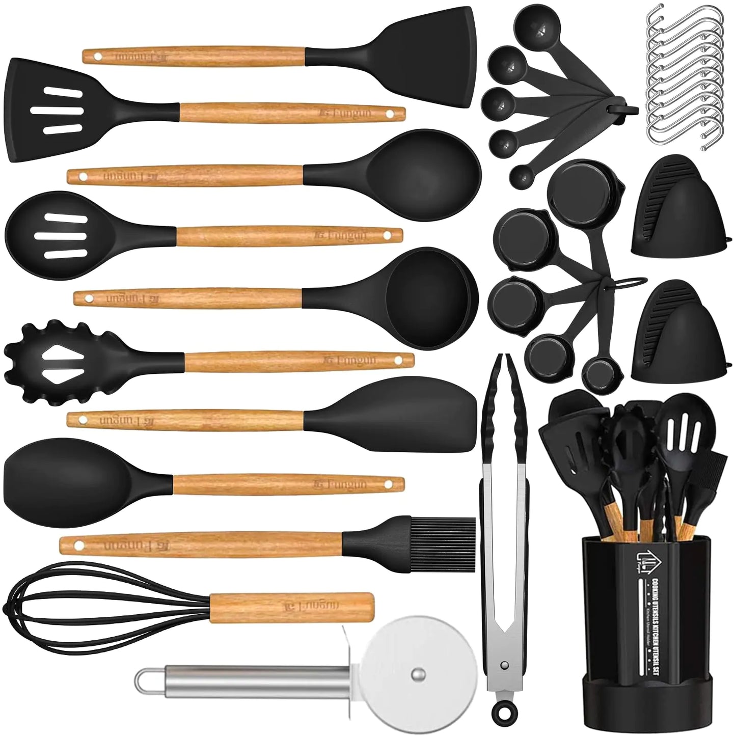 Ensemble d'ustensiles de cuisine en silicone Fungun 35 pièces, ensemble de spatules avec porte-ustensiles pour ustensiles de cuisson antiadhésifs sans BPA, cadeau d'ustensiles de cuisine (noir)