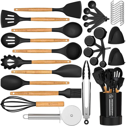 Ensemble d'ustensiles de cuisine en silicone Fungun 35 pièces, ensemble de spatules avec porte-ustensiles pour ustensiles de cuisson antiadhésifs sans BPA, cadeau d'ustensiles de cuisine (noir)