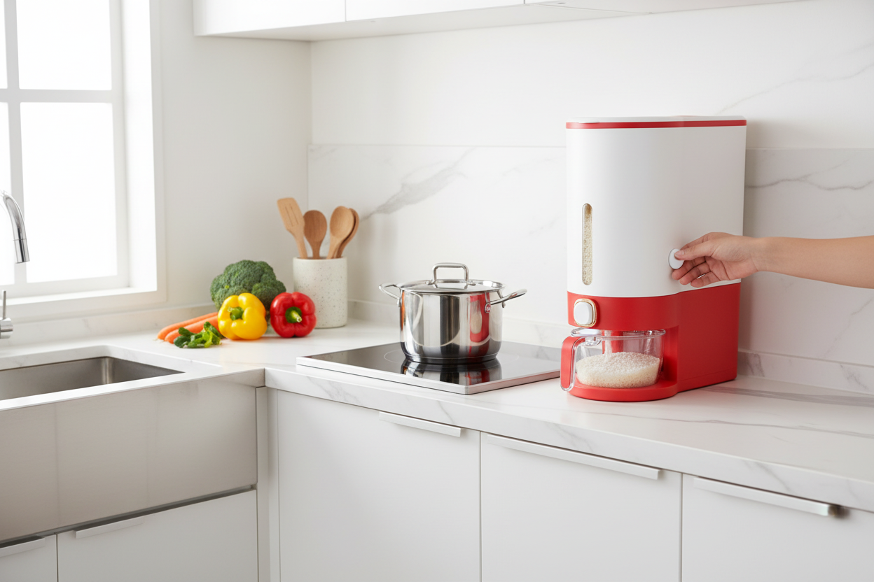 Automatic Rice Dispenser - White & Red Kitchen Scene