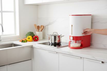 Automatic Rice Dispenser - White & Red Kitchen Scene