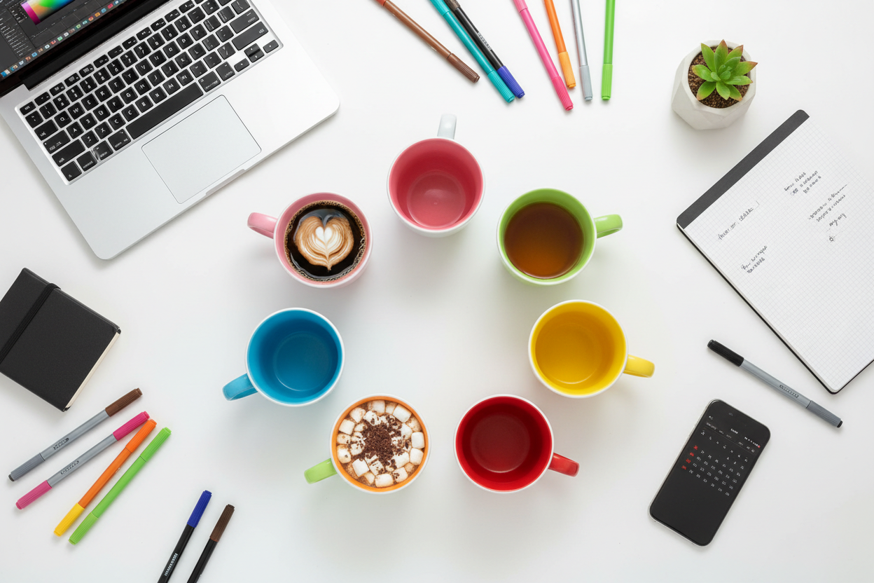Colorful Mugs - Workspace Flatlay