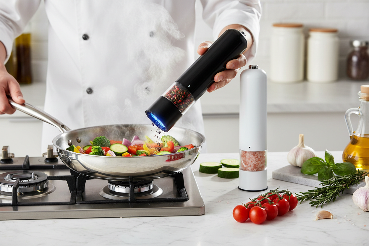 Electric Salt & Pepper Grinder - Cooking Action